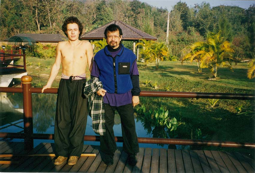 With David Verdesi in the Tao Garden in 1997. I was teaching David the rare Hong Cha form called "Fairy Child Praying to the Goddess of Mercy Guanyin." I have taught only three students this form, the most subtle and beautiful of the 10-odd fist forms I learned from the mysterious Shaolin master Lao Kim (AKA Goon Tiong). Since then David became my teacher in different transmissions. 
