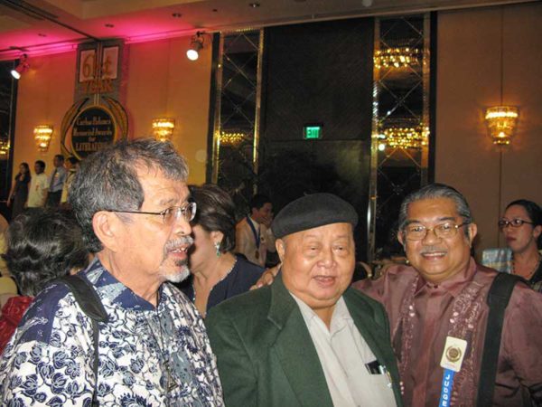 Ed Maranan with me and F. Sionil Jose, National Artist for Literature, at the Carlos Palanca Literary Awards. Ed was a judge. Frankie gave the keynote speech. I was Ed's guest.